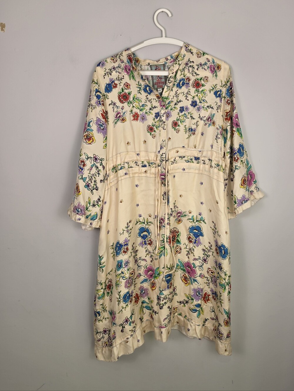 Johnny Was 100% Silk Floral Midi Dress Cream Size Small Boho Ruffle Hem